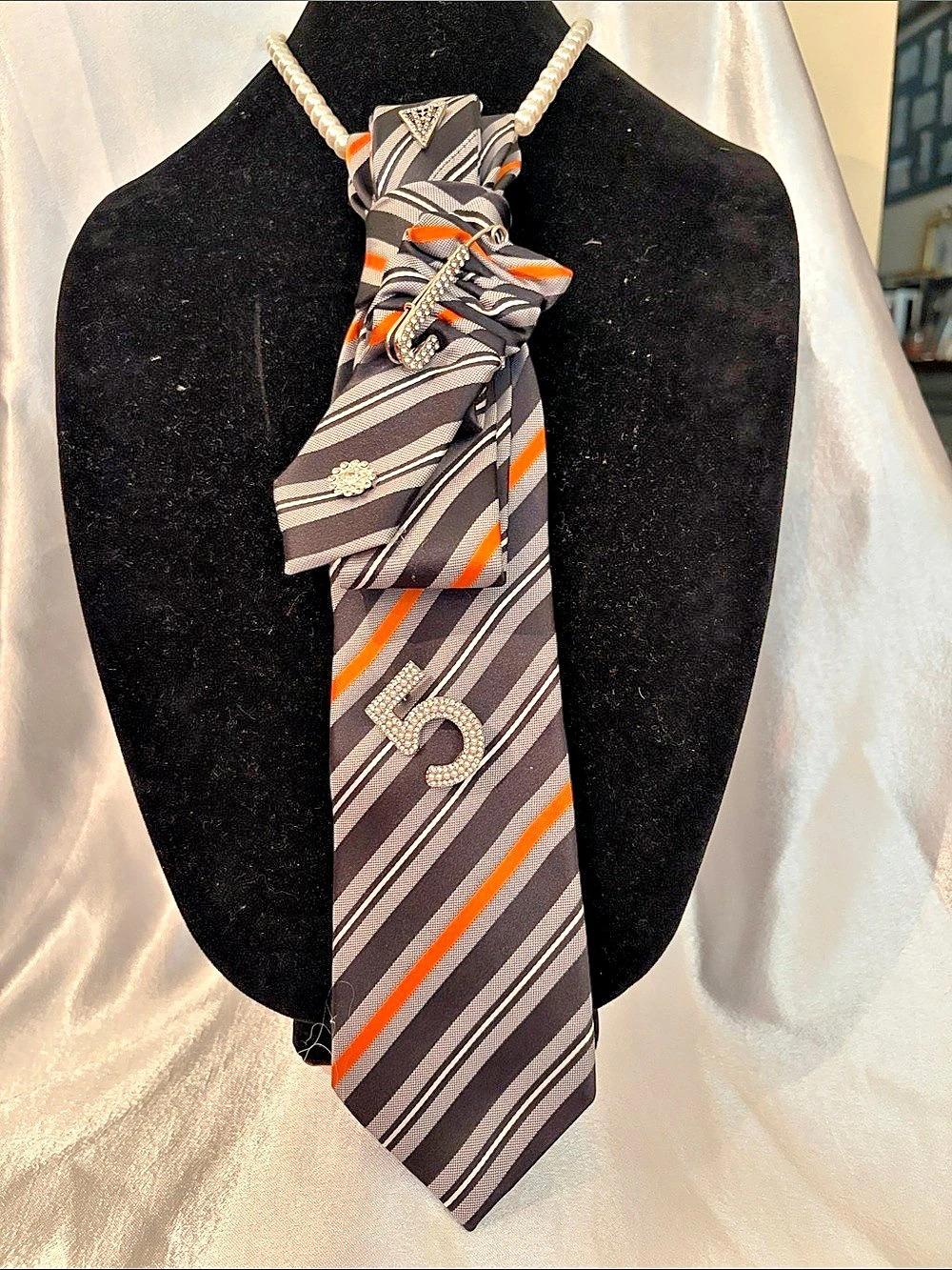 Alfani Striped Statement Tie Necklace in Black & Orange Like New